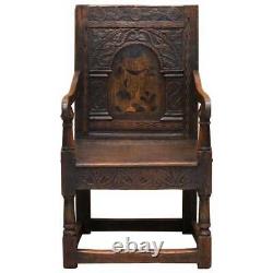 17th Century Charles I English Oak Wainscot Armchair Primate Design Hand Carved