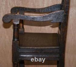 17th Century Charles I English Oak Wainscot Armchair Primate Design Hand Carved