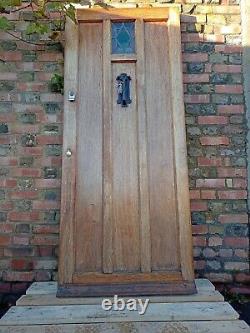 1930s SOLID OAK FRONT DOOR WITH DECORATIVE GLASS ORIGINAL WOOD VERY HEAVY