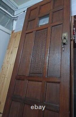 1950s SOLID OAK FRONT DOOR WITH DECORATIVE GLASS ORIGINAL WOOD VERY HEAVY