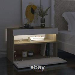 2 pcs Bedside Cabinet Table Cabinets LED Lights Nightstand USB Bedroom White Oak