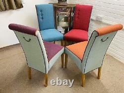 4 Multiyork Dining Chairs Newly Upholstered In Multicoloured Tweed Fabric