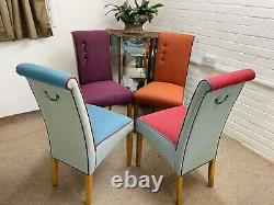 4 Multiyork Dining Chairs Newly Upholstered In Multicoloured Tweed Fabric