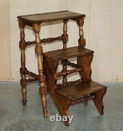 Antique Arts & Crafts Metamorphic Library Steps Ladder Side Table Brass Tread