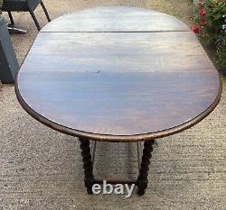 Antique Solid Dark Oak Turn Top Drop-Leaf Occasional Table, Barley Twist Legs
