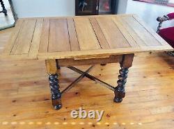 Antique Solid Oak Extendable Dining Table Wide Barley Twist Legs Golden Oak Top