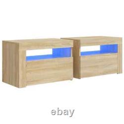 Bedside Cabinets x 2 Nightstand with LED Light Wood Storage Units for Bedroom