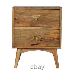 Bedside Table Compact Wooden Side Table Storage 2 Drawers Brass Slot Handles