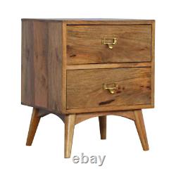 Bedside Table Compact Wooden Side Table Storage 2 Drawers Brass Slot Handles