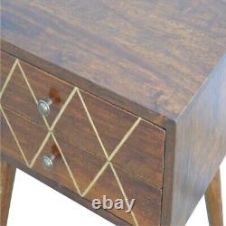 Bedside Table Mid Century Style Side Unit Solid Dark Wood Brass Inlay Yoffie