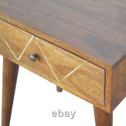 Bedside Table Scandinavian Style Side Unit Solid Dark Wood Brass Inlay Yoffie