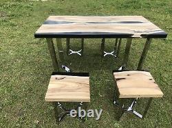 Bespoke dining table and 4 X Stools Solid Oak Dining Set Epoxy Stainless Steel