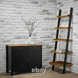 Black Solid Oiled Oak Wooden Lean To Ladder Shelving Unit Stand Book Shelf