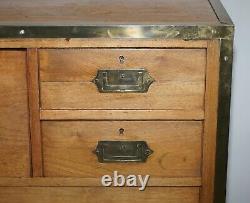 Circa 1880 Solid Oak & Brass Military Campaign Chest Of Drawers Secrataire Desk