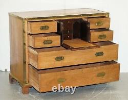 Circa 1880 Solid Oak & Brass Military Campaign Chest Of Drawers Secrataire Desk