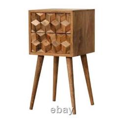 Compact Size Cube Carved 2 Drawer Bedside Cabinet Oak or Chestnut Finish