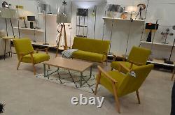 Conservatory Sofa Set 2 Seater + 2 Chairs Wood Arms Yellow Velvet Made to Order