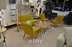 Conservatory Sofa Set 2 Seater + 2 Chairs Wood Arms Yellow Velvet Made to Order