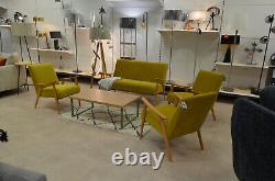 Conservatory Sofa Set 2 Seater + 2 Chairs Wood Arms Yellow Velvet Made to Order