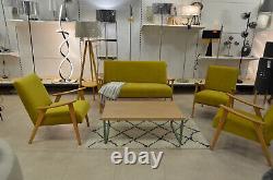 Conservatory Sofa Set 2 Seater + 2 Chairs Wood Arms Yellow Velvet Made to Order