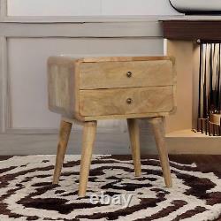 Curved Solid Mango Wood Bedside Table with 2 Drawers in Oak Finish