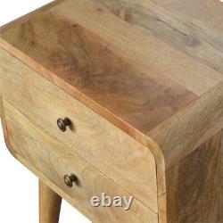 Curved Solid Mango Wood Bedside Table with 2 Drawers in Oak Finish