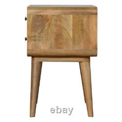 Curved Solid Mango Wood Bedside Table with 2 Drawers in Oak Finish