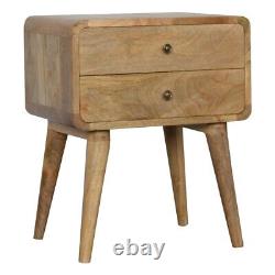 Curved Solid Mango Wood Bedside Table with 2 Drawers in Oak Finish