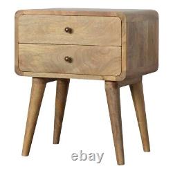 Curved Solid Mango Wood Bedside Table with 2 Drawers in Oak Finish