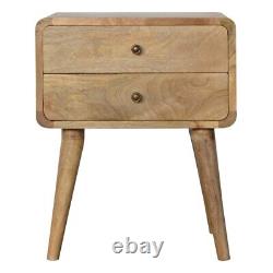 Curved Solid Mango Wood Bedside Table with 2 Drawers in Oak Finish