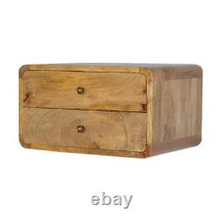 Curved Wall Mounted Floating Oak-ish Bedside 2 Drawers Solid Wood
