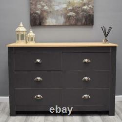 Dark Grey 6 Drawer Chest Traditional Shaker Chic Bedroom Furniture Light Oak Top