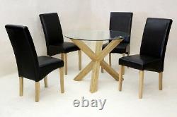 Dining Table Round Clear Glass Solid Oak Legs Black Leather Chairs 140cm x 140cm