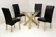 Dining Table Round Clear Glass Solid Oak Legs Black Leather Chairs 140cm X 140cm