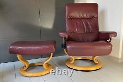EKORNES STRESSLESS Recliner, Swivel Chair, Footstool burgundy Leather, made Norway