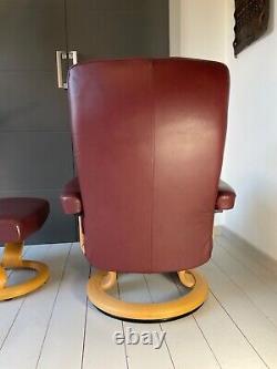 EKORNES STRESSLESS Recliner, Swivel Chair, Footstool burgundy Leather, made Norway