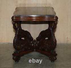 English Circa 1880 Ornately Hand Carved Swan Oak Side End Table Solid Marble Top