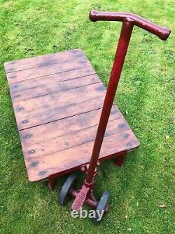 English Vintage Railway Willmot Trolley Oak Iron Plank Top Coffee Wheel Table