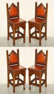 Four Fine Restored Brown Leather Gothic Revival Steeple Back Kitchen Bar Stools