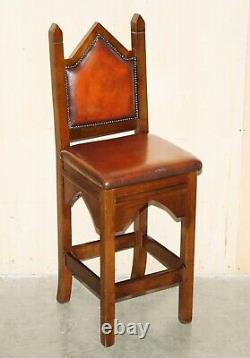 Four Fine Restored Brown Leather Gothic Revival Steeple Back Kitchen Bar Stools