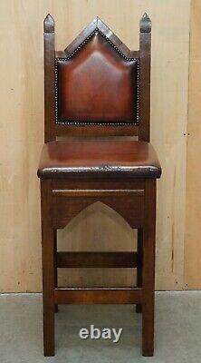 Four Fine Restored Brown Leather Gothic Revival Steeple Back Kitchen Bar Stools