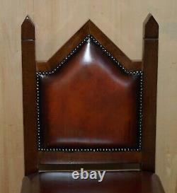 Four Fine Restored Brown Leather Gothic Revival Steeple Back Kitchen Bar Stools