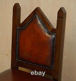 Four Fine Restored Brown Leather Gothic Revival Steeple Back Kitchen Bar Stools