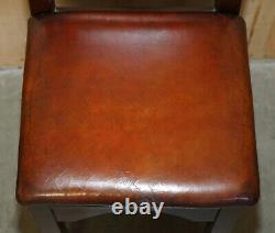 Four Fine Restored Brown Leather Gothic Revival Steeple Back Kitchen Bar Stools