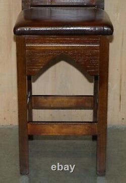 Four Fine Restored Brown Leather Gothic Revival Steeple Back Kitchen Bar Stools