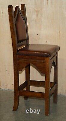 Four Fine Restored Brown Leather Gothic Revival Steeple Back Kitchen Bar Stools