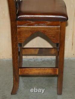 Four Fine Restored Brown Leather Gothic Revival Steeple Back Kitchen Bar Stools