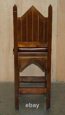 Four Fine Restored Brown Leather Gothic Revival Steeple Back Kitchen Bar Stools