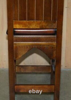 Four Fine Restored Brown Leather Gothic Revival Steeple Back Kitchen Bar Stools