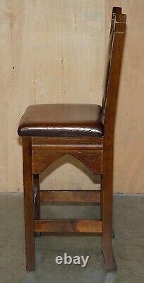 Four Fine Restored Brown Leather Gothic Revival Steeple Back Kitchen Bar Stools